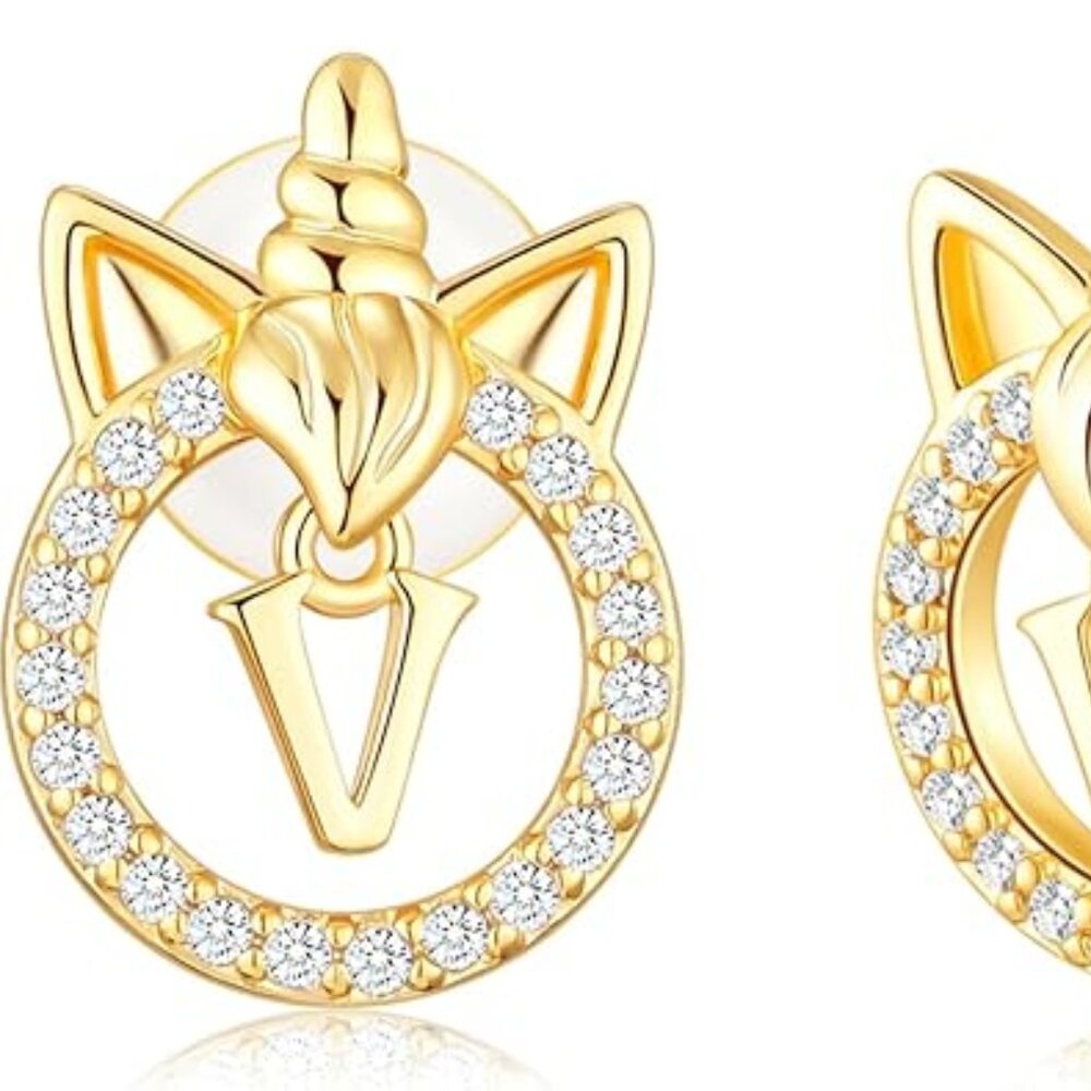 Gold Plated Unicorn Earrings, Letter V Initial, Cubic Zirconia, NEW